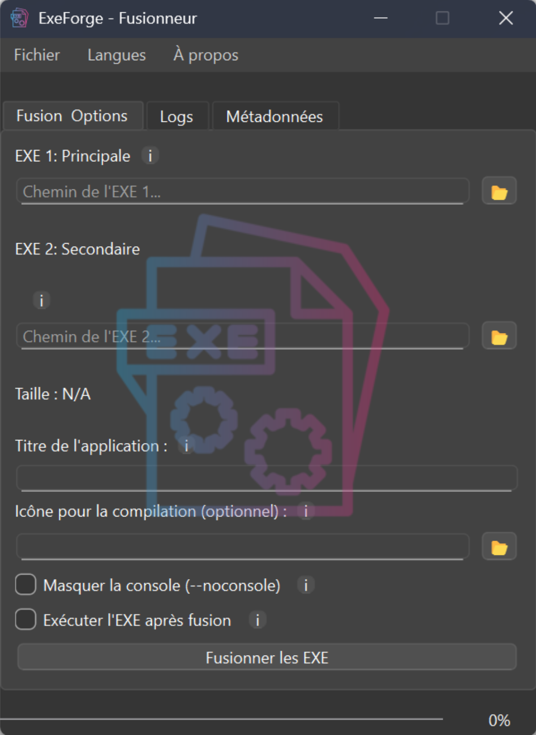 Interface principale d'ExeForge - Menu de navigation et options de fusion d'exécutables Windows avec interface moderne et intuitive